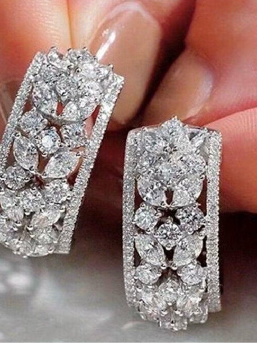 Classic Diamond Floral Hoop Earrings - White Gold Tone